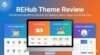 REHub WordPress Theme Review 2025 showing a desktop monitor displaying features for multi-vendor shops, coupon deals, directory listings, and affiliate price comparisons.