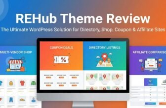 REHub WordPress Theme Review 2025 showing a desktop monitor displaying features for multi-vendor shops, coupon deals, directory listings, and affiliate price comparisons.