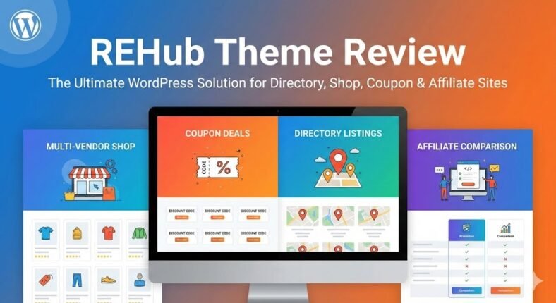REHub WordPress Theme Review 2025 showing a desktop monitor displaying features for multi-vendor shops, coupon deals, directory listings, and affiliate price comparisons.